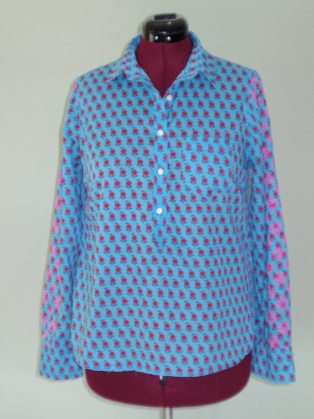 J. Crew Classic Floral Teal Button Popover Long Sleeve Shirt Blouse Sz M